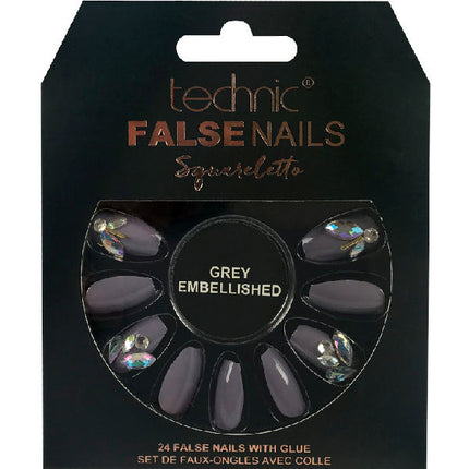 Technic Cosmetics False Nails Squareletto - Grey Embellished
