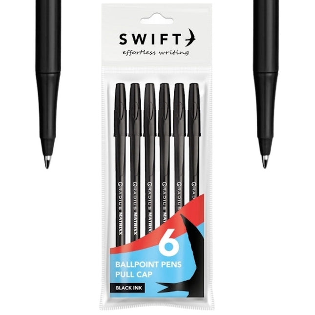 Pull Cap Black Ballpoint Pens - 6 Pack