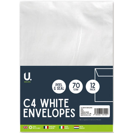 C4 White Envelopes - 12 Pack