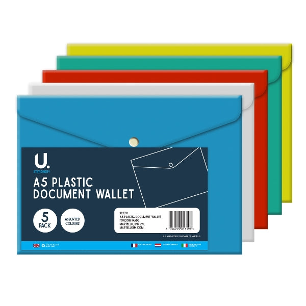 A5 Plastic Document Wallet - 5 Pack