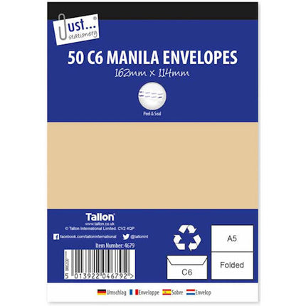 Manila C6 Peel & Seal Envelopes - 50 Pack