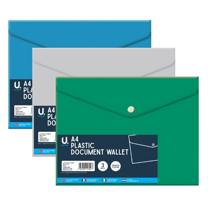 A4 Plastic Document Wallets - 3 Pack