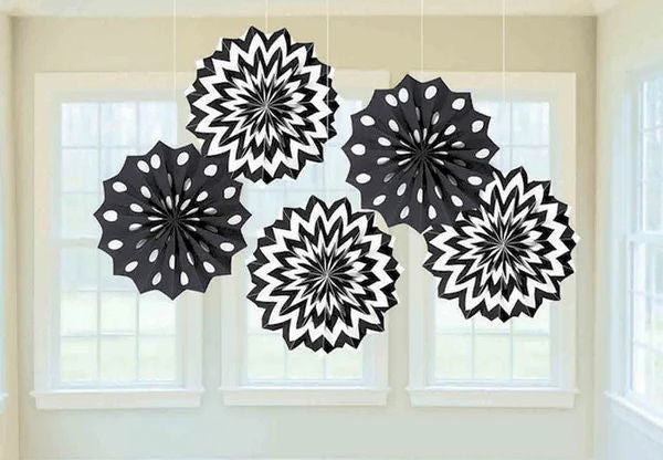 Black Hanging Paper Fan Decorations - 5 Pack