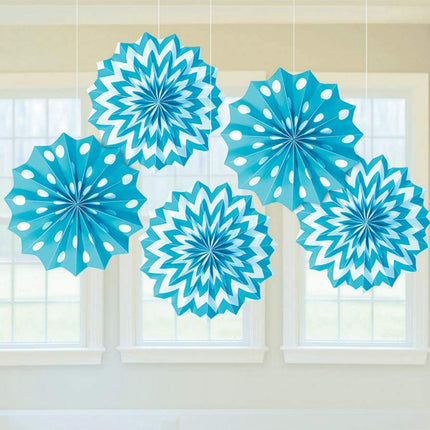 Baby Blue Hanging Paper Fan Decorations - 5 Pack