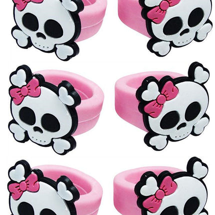 6 Pink Pirate Rubber Skull Rings