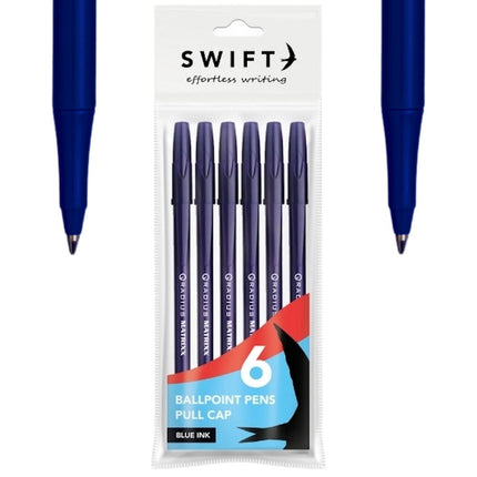 6 Blue Pull Cap Ballpoint Pens