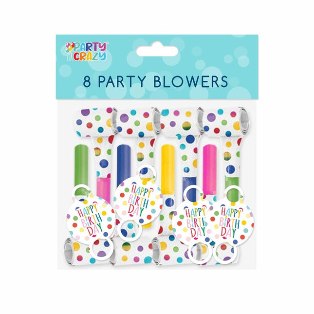 Happy Birthday Design Party Blowers - 8 Pack