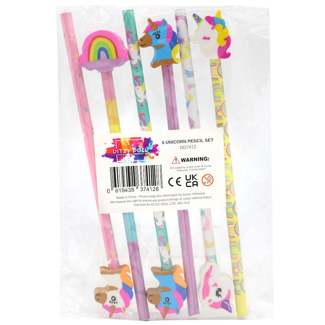 Unicorn Pencils & Erasers - 6 Pack